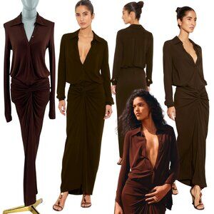 🆕 RAT & BOA 🧿 NWOT Rucci Long Sleeve Ruched Shirt Dress, Brown - Sz XXS